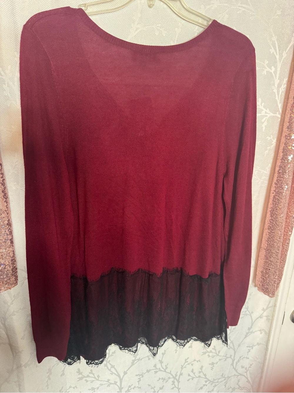 Women's Button-Down Knit Top in Wine with Black Lace Trim - Picture 3 of 4